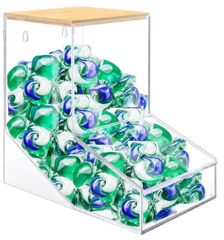 JYPS Upsize Laundry Pods Container, Stand or Wall Moun Washing Pods Storage, Acrylic Candy Dispenser with 2 Lid, Multi-Functional Detergent Pod Container for Coffee Capsules, Laundry, Kitchen