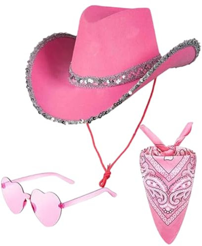SYTTNUM 3PCS Cappello da Cowboy Western Rosa, Cappello Cowgirl Rosa Donna, Cappello Cowboy Bambina, per Il Gioco di Ruolo, Festa in Maschera di Carnevale, Regalo di Compleanno