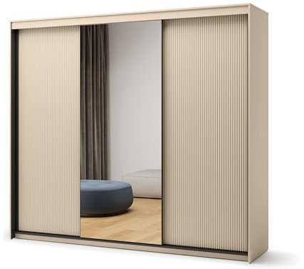 Armario de puerta corredera de 250 cm con espejo y LED, color negro y beige arena – Trend TS-02 dormitorio moderno