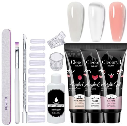 PolyGel Nail Kit - 3Color Builder Gel Nail kit Clear White Pink - Gel Nail Starter Kit with Slip Solution Basic Manicure Tools,Nail Extension Kit All-in-one for Beginners
