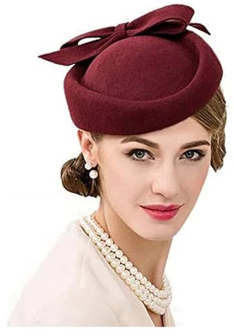 GHHZML Casquete Tocado Tocados de Iglesia for Mujer, Sombreros Vintage Tipo Pastillero for Bodas, Fiestas té, Fedora Fieltro Rojos for Damas