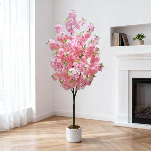 180cm Künstlicher Kirschblütenbaum mit Rosa Blüten im Weißtopf, Kunstbaum aus PVC & Textilfaser für Innen & Außen - Deko für Zuhause, Büro, Hochzeit, Party | Sakura Baum ohne Pflege