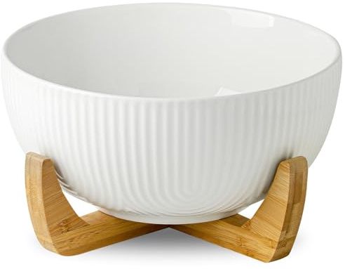 Seyatoo Ceramic 10 inch Salad Bowl with Wooden Stand, Large Salad Serving Bowl for Vegetables or Mixing, Fruit Bowl for Kitchen Counter, White
