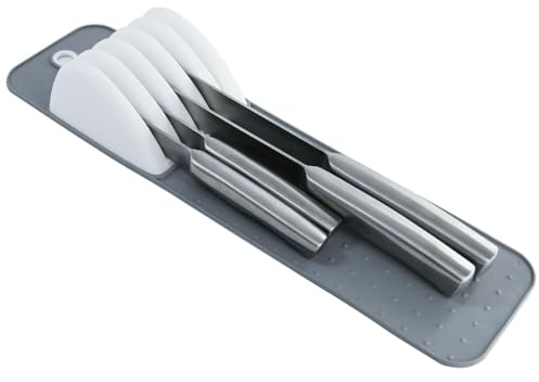 5-Schlitz Messer-Schubladen-Organizer Tablett – Schlanker Schubladen-Messerhalter-Einsatz mit rutschfester Matte, kompakte Küchenmesser-Aufbewahrung (Grau & Weiß)