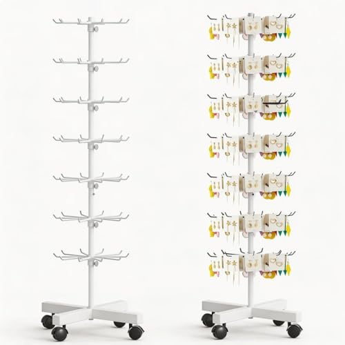 Soporte Giratorio de 7 Niveles Altura Ajustable, con 70 Ganchos, 150cm Altura, 40cm Ancho, Distancia Ajustable, Ruedas con Frenos 360° –para Joyas, Bufandas, Calcetines, Exposiciones y Hogar (Blanco)