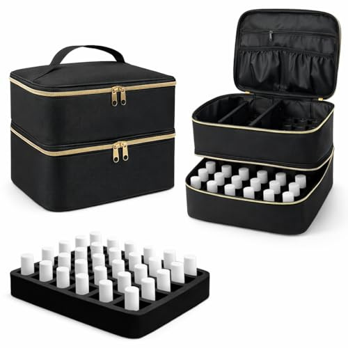 Nagellack-Organizer-Tasche, doppelte Aufbewahrungsbox für Nagellack, Gel-Lampe und Maniküre-Werkzeuge, für 30 Flaschen Nagelbasis (15 ml / 0,5 FL oz), mit verstellbaren Trennwänden, Schwarz