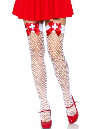 Leg Avenue One Size White/Red Industrial Net Thigh Highs with Bow and Nurse Badge