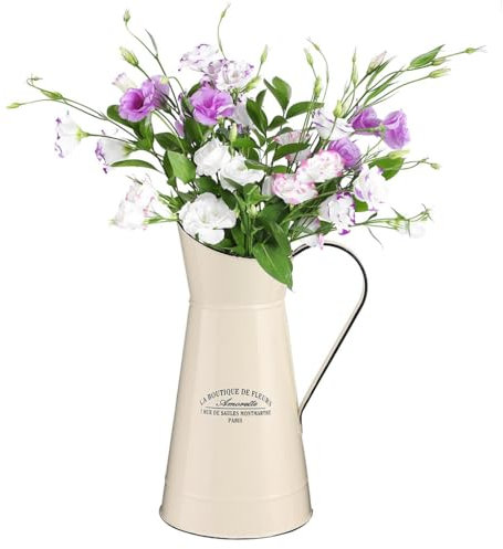 White Metal Flower Vase Pitcher Jug with Vintage Style Florist Print Design Gift Idea (B385)