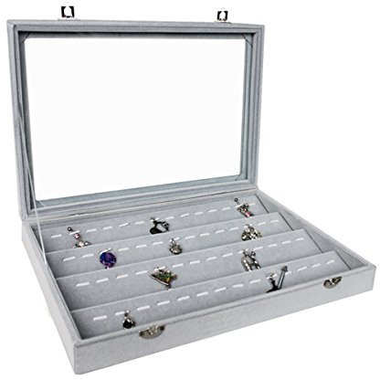 Markenlos Schmuckkasten Schmucklade Schaukasten Schmuckdisplay mit Glasdeckel grau (für Anhänger Piercring)