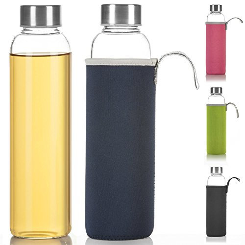 Dimono Bouteille classique en verre 600ml - Bouteille d'eau sportive en verre ; incassable avec couverture thermique isolante en nylon - Bleu