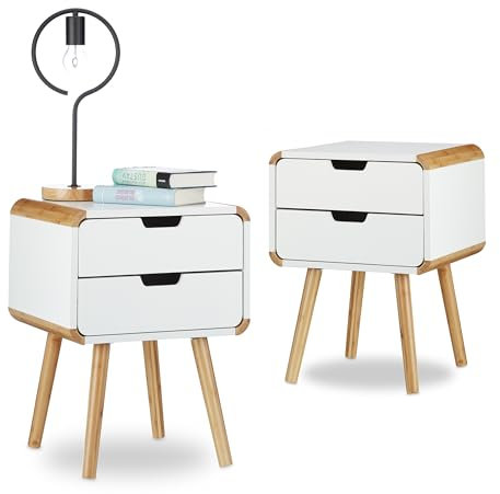Relaxdays 2X Nachttisch 2 Schubladen, Nachttischschrank weiß, Nachtschrank Bambus, Nachtkommode klein, HxBxT: ca. 55 x 40 x 40 cm