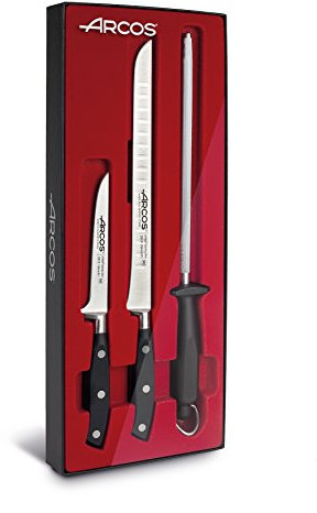 Arcos Serie Riviera, Set Jamonero de 3 piezas, 1 Cuchillo Jamonero + 1 Deshuesador + 1 Chaira, Hoja de Acero Inoxidable Forjado Nitrum, Mango de Polioximetileno, POM, Color Negro