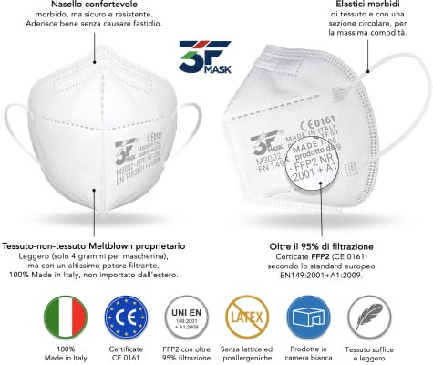 3fmask 50 FFP2 Certificate CE Made in Italy - 4 Strati,50 Pezzi Imbustate Singolarmente - Confortevole Semimaschera ffp2 a Coppa