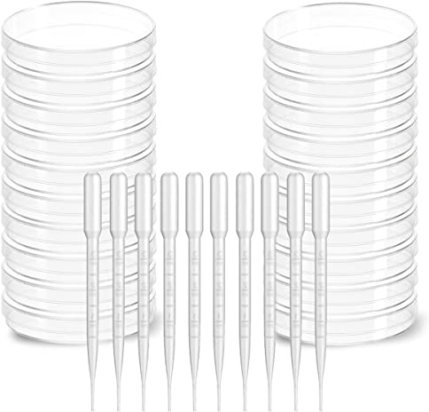 20-pack plastpetriskålar 90 mm med lock – transparent bakteriekulturskål, steril plast, inkl. 10 överföringspipetter 3 ml, för laboratorium, skola och växtodling (Ø 90 mm x 20 + 3 ml x 10)