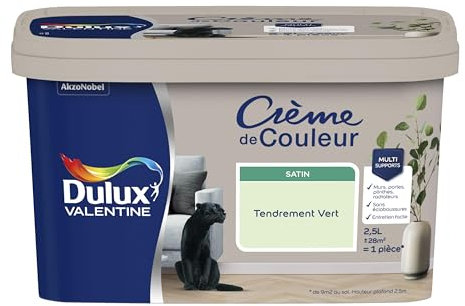 Dulux Valentine Crème de Couleur - Peinture multi-supports intérieure - Satin Tendrement Vert 2,5 L
