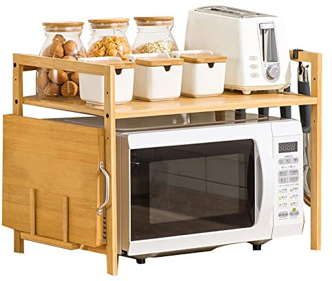 Vinteky Microwave Shelf, Bamboo Microwave Stand, Microwave Holder with Chopping Board Stand and 4 Hooks, Multifunctional Wooden Microwave Holder for Kitchens, 35 cm x 55 cm x 42 cm