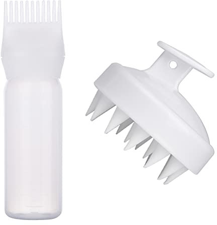 MFUOE Botella aplicadora de peine de raíz con masajeador de cuero cabelludo, cepillo de champú, tinte para colorear el cabello y herramientas de tratamiento del cuero cabelludo (blanco)