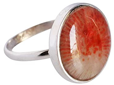 Natürlicher roter Horn Koralle Edelstein 925 Sterling Silber Lünette Fassung Cameo Ring SZ-V 1/2, Edelstein, Rote Hornkoralle