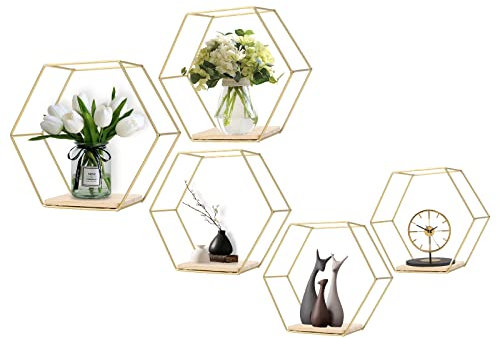 LMYDIDO 5er-Set Hexagon Wandregal Hängeregal, Metall und Holz Schweberegal Wandaufbewahrung Organizer für Küchenregal, Badezimmer, Schlafzimmer, Wanddekoration (Gold)