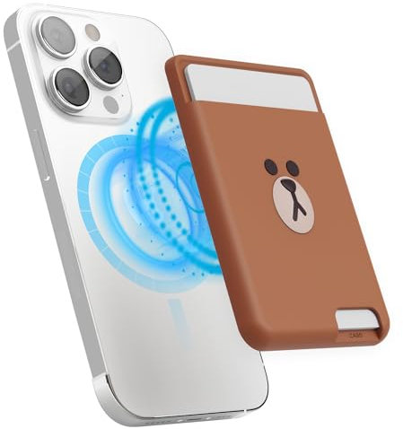 elago l LINE Friends Magnetic Wallet Card Holder Compatible with MagSafe Compatible with iPhone 17/16/15/14/13/12 Series - Phone Wallet, Long Last Silicone, Scratch and Damage Protection (Brown)
