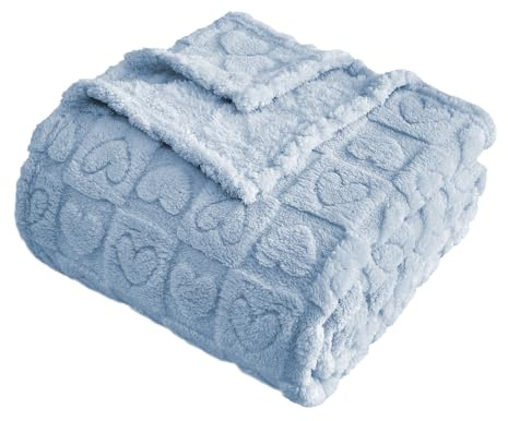 FY FIBER HOUSE Überwurfdecke mit Herz-Karo-Muster, weich, warm, waschbar, leicht, flauschig, für Couch, Bett, alle Jahreszeiten, Hellblau, 150 x 205 cm