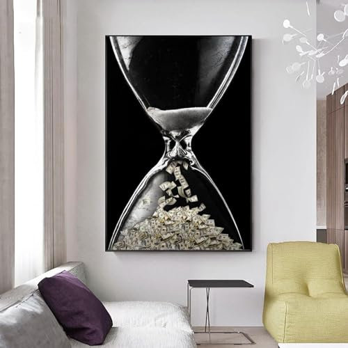 HTWLMM Time is Money Motivierendes Bilder,Dollar in Sanduhr,Leinwand Malerei Poster Kunstdruck für Wohnzimmer Wohnkultur Wandbilder Deko (50X70CM,Kein Rahmen)