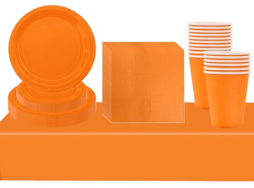 69Pcs Orange Party Tableware - Plastic Table Cloth, Paper Plates, Napkins, Cups for Halloween, Kids & Adults Birthday, Xmas Party Decorations Dinnerware Set
