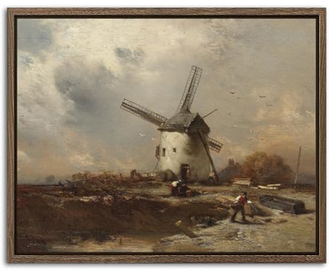 Vintage Windmill Wall Art for Living Room French Country Landscape Canvas Prints Rustic Farmhouse Scenery Wall Decor Retro Classical Painting Framed Artwork for Bedroom Office Home Decorations 20x25cm