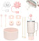 11 Piezas de Accesorios Stanley Cup, incluidos 6 Protectores Antiderrame Stanley Cup, 2 Tapones para Pajitas, 2 Accesorios Colgantes, 1 Funda de Silicona para Accesorios Stanley Cup (Pink)