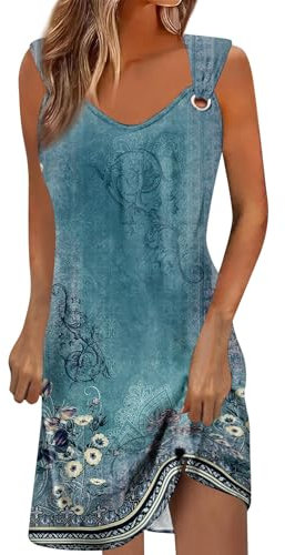 uxxnjfg Et Ventes Flash, Robe Boheme Femme, Robe Ete Femme, Robe Fleurie Coton Femme Col Rond Robe Grande Taille sans Manches Femme Pas Cher Marque Robe Bleu Ciel XL