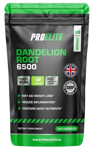 Dandelion Root 6500mg 120 Vegan Capsules – High Strength Taraxacum Officinale (4 Months Supply) – Resealable and Recyclable Pouch – by PROELITE