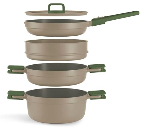 BRA Compac Pro Ceramic | Batería de cocina apilable de 5 piezas | Aluminio fundido con antiadherente cerámico, compatible con todo tipo de cocinas, incluida inducción