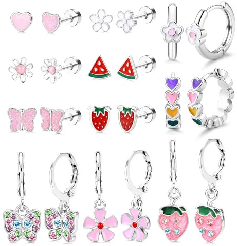 11 Paar Gold Ohrringe für Kinder Mädchen, Hypoallergene Flatback Ohrstecker | 316L Chirurgenstahl Ohrringe Set, Wasserfest, Silber Gold, Creolen Hängend, Herz Blume Schmetterling, Kinderschmuck