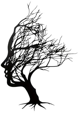 milaosk Abstract Tree of Life Wall Art Black Metal Artwork Lron Tree Branch Head Sculpture 3D Women Face Wall Hanging Decor for Living Room Garden Office Bedroom, 30x21cm