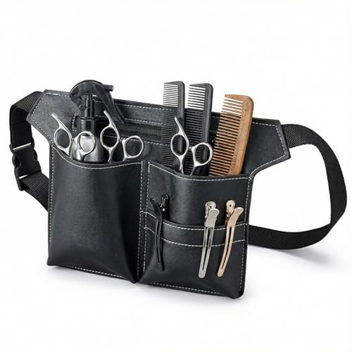 Gykutix Friseur Tasche, PU Leder Friseur Gürteltasche, Professionelle Salon Friseur Werkzeugtasche Scherentasche,Tragbare Große Gürteltasche Schwarz mit Gürtel für Scheren Kämme Friseurwerkzeuge