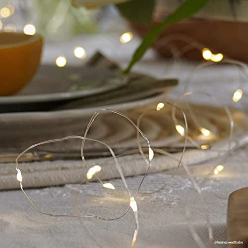 Festive Lights - 5m Warm White Battery Powered 50 LED Micro Wire Fairy String Lights - 6 Hour Timer, Indoor Outdoor Use, IP44 Rated, Silver Cable, Pliable Bendable Christmas Firefly Design