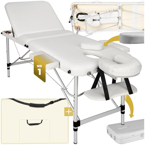 tectake Massageliege 3 Zonen, Massagetisch, Massageliege klappbar, höhenverstellbare Aluminium Massageliege, Massagebett tragbar inkl. Zubehör, Alu-Kopfstütze, Armlehne und Tragetasche - weiß