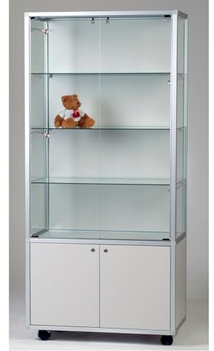 MHN Glasvitrine mit Rollen T 41,5 x B 78 x H 183 cm - breite Ausstellungs-Vitrine mit Unterschrank abschließbar - Glas Vitrinenschrank - LED-Beleuchtung