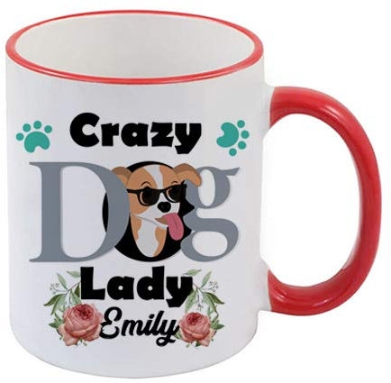 Personalised Crazy Dog Lady Themed 11 oz Ceramic Mug,Mothers Day,Fathers Day,Christmas,Birthday Gift Idea. (11 oz Red Rim & Red Handle Mug 2)