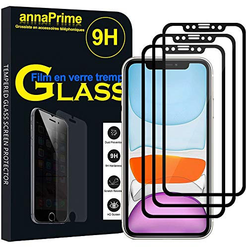 annaPrime® Lot 3 Films Verre Trempé de Protection d'écran pour Apple iPhone 11 6.1 A2221 A2111 A2223 - Noir