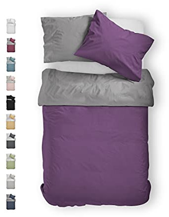 BLUE MOON Bettwäsche 135x200 cm Satin Bettwäsche-Sets 100% Baumwolle Wendebettwäsche - Made in EU - 1x Bettbezug 135x200 cm und 1x Kopfkissenbezug 80x80 cm (Pflaume/Grau, 135 x 200 + 80 x 80 cm)