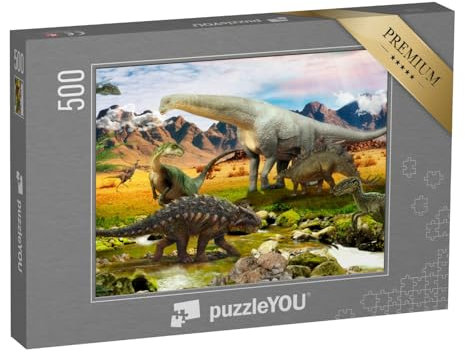 puzzleYOU: Puzzle 500 Teile „Illustration: Dinosaurier, Park am See“ – aus der Puzzle-Kollektion Dinosaurier