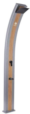 Sined Doccia Solare Ella – Elegante Außenbrause aus Aluminium in Grau RAL7048 mit Holzverkleidung 40LiterWassertank quadratischem Duschkopf und Fußdusche Höhe 224 cm