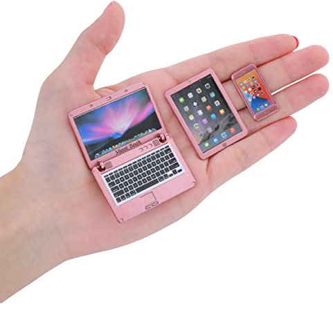 cobee 1:12 Metal Simulation Laptop Tablet Smart Phone Mini- Dollhouse Miniatures Computer Scene Simulation Furniture Accessories Doll House Dolls Accessories Play Set (Rose Gold-3Pcs)