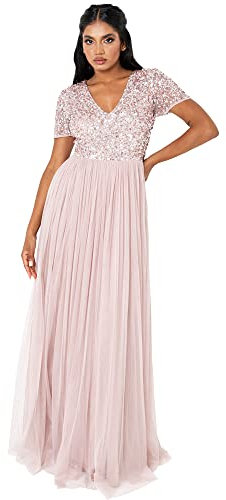 Maya Deluxe Damen Women's Prom Evening V-neck Maxi Length Sequins Short Sleeves for Wedding Birthday Bridesmaid Dress,Frostiges Rosa, 52 EU