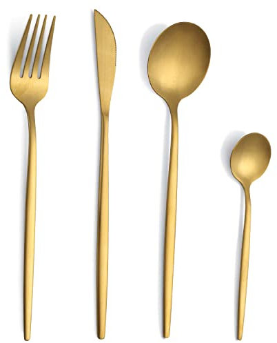 Couverts de table pour 6 personnes, Pleafind 24 pièces couverts or mat, couverts inox, set couverts de table avec couteau, fourchette, cuillère, va au lave-vaisselle