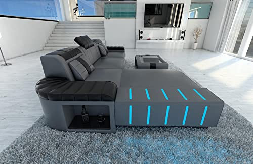 Sofa Bellagio L Form Ecksofa Leder Ledersofa mit LED Licht und Ottomane (Ottomane Links, Grau-Schwarz)