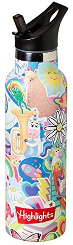Highlights Insulated Water Bottle for Kids, 20-Ounce Stainless Steel Water Bottles for Boys and Girls, Double Wall Vacuum Insulated, Kids Water Bottle for School (Rainbow Unicorn - Pink)