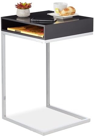 Relaxdays Beistelltisch, C-Form, HBT: 63x37x38 cm, Sofatisch zum Unterschieben, MDF & Metall, Ablagefach, schwarz/Silber