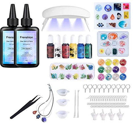 Frenshion 179pcs Harz-Kit mit 200g Schnelle Aushärtung Klar Hart Geruchsarm UV-Harz, Farbpigment, Schimmel Zubehör Starter-Kit für Schmuck Herstellung mit Licht